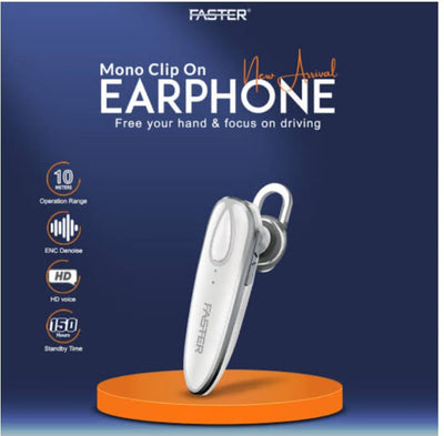 Faster E10 Mono Clip-On Wireless Headset crystal-clear sound quality